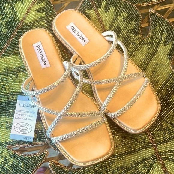 Brand New Steve Madden Glass Beaded Bling Multi Strap Slides  Slip On Sandals - Picture 2 of 15